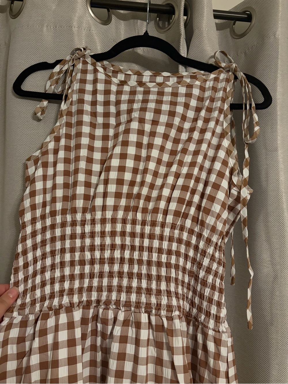 Tie-Shoulder Smocked Midi Dress in Beige Gingham - Picture 5 of 7